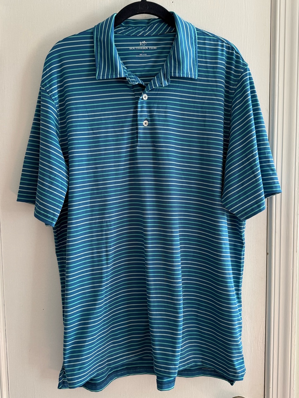 Southern Tide Men's Teal and White Striped Polo Size L